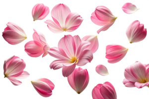 AI generated Collection of soft pink flower petals floated with copy space on isolated background png