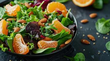 ai generado un vibrante ensalada con mezclado verduras, mandarín naranjas, Almendras, y un agrios Vinagreta. foto