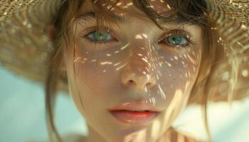 AI generated woman is wearing a straw hat and face moisturizer photo