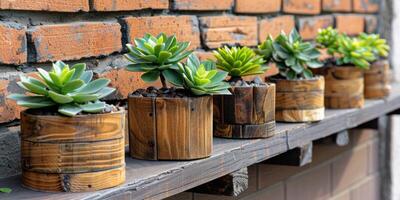 ai generado de madera ollas con pequeño verde plantas, cerca un ladrillo pared foto