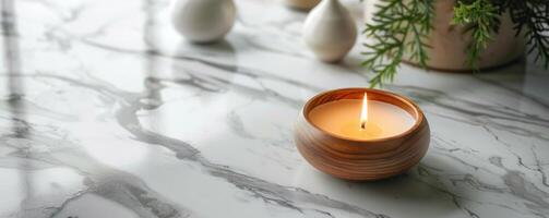 AI generated wax spa and candle on white marble background photo