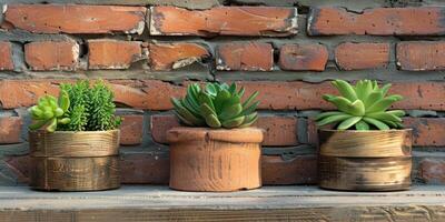 ai generado de madera ollas con pequeño verde plantas, cerca un ladrillo pared foto