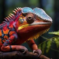 AI generated an eye catching chameleon was photographed near the top of a tree photo