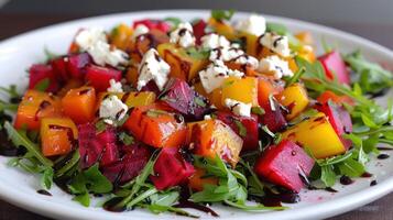 ai generado un vibrante ensalada con Rúcula, asado remolachas, cabra queso, y un balsámico vidriar foto