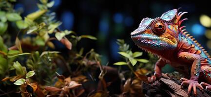 AI generated a colorful chameleon is sitting on top of a log photo
