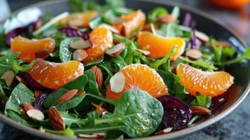 ai generado un vibrante ensalada con mezclado verduras, mandarín naranjas, Almendras, y un agrios Vinagreta. foto