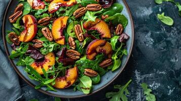 AI generated A vibrant salad with mixed greens, grilled peaches, pecans, and a honey balsamic dressing photo