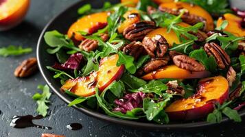 AI generated A vibrant salad with mixed greens, grilled peaches, pecans, and a honey balsamic dressing photo