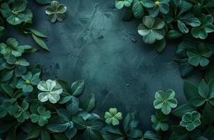 AI generated shamrocks on green background with green stems photo