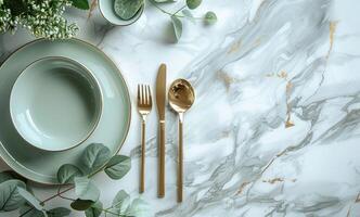 AI generated tableware on white table with green plant photo