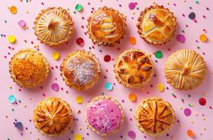 ai generado el vistoso y alegre Pastelería pasteles rodeando un rosado antecedentes foto