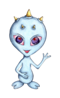 infantil acuarela ilustración de un linda azul extraterrestre con grande púrpura ojos y cinco cuernos en su cabeza. diseño para para niños libro, fiesta decoración, pegatinas o huellas dactilares. aislado png