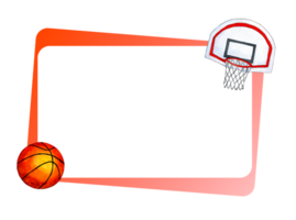 Watercolor horizontal sports basketball frame, with orange ball and basket, shield. Design template for a sports poster. Isolated. Drawn by hand. png