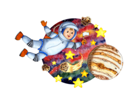 Watercolor illustration of an astrovnavt in outer space with a flag in his hands on a round background. Around him are stars, planets, asteroids and a comet. Children's drawing of the orbit. Isolated png