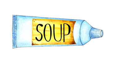 Watercolor illustration of a white pipe with a yellow label and the word soup on it. Space food, food for astronauts, is in zero gravity. Soup in a tube isolated drawn by hand png