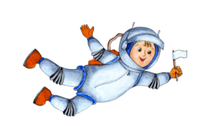 Watercolor illustration of an astronaut soars in outer space. Children's picture of an astronaut flies and holds a flag in his hands. Conquest of space. Isolated png