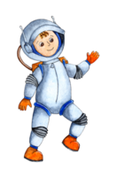 Aquarell Illustration von ein Astronaut tun ein Raum gehen. Kinder- Bild von ein froh Astronaut im ein Raumanzug. isoliert. gezeichnet durch Hand. png