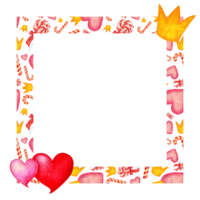 Watercolor frame with hearts, sweets and crown. Square frame made of hand painted watercolor hearts. Abstract love for your Valentine's Day card design. The frame is isolated png