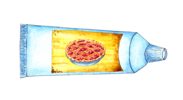 Watercolor illustration of a white tube with a yellow label and cherry pie on it. Space food, food for astronauts, is in zero gravity. Cherry pie in a tube. Isolated. Drawn by hand. png