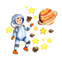 aquarelle illustration de un astronaute dans ouvert espace, parmi le planètes, étoiles et astéroïdes. astronaute dans espace dessine pour les enfants. isolé png