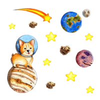 Watercolor illustration of a red-haired corgi puppy in a helmet in open space stands on Jupiter, around the stars, planets and asteroids. Cute astronaut corgi. Children's drawing is isolated png