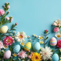 ai generado un vibrante Pascua de Resurrección escena con floreciente flores, pintado huevos foto