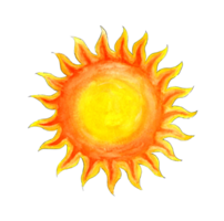 Aquarell Illustration von das Sonne, schnell Skizzierung skizzieren. Kinder- Illustration von ein handgemalt Sonne. isoliert. Sonnenaufgang Sonnenuntergang. png