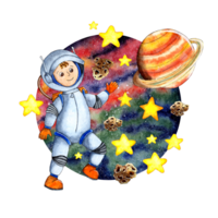 Watercolor illustration of an astronaut shows with his hand the planet Saturn, on a beautiful cosmic background of stars, planets, asteroids. Astronaut in outer space drawing for children. Isolated png