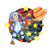 Watercolor illustration of an astronaut shows with his hand the planet Saturn, on a beautiful cosmic background of stars, planets, asteroids. Astronaut in outer space drawing for children. Isolated png