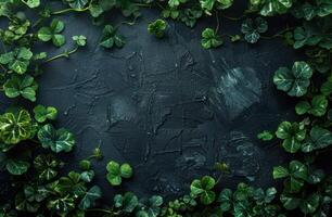 AI generated green shamrock leaves on black wooden background photo