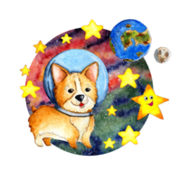 Watercolor illustration of a cute ginger corgi puppy wearing a helmet looking at the earth from outer space. Doggy astronaut stars, planets, asteroids on a space background. Isolated png