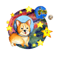 Watercolor illustration of a cute ginger corgi puppy wearing a helmet looking at the earth from outer space. Doggy astronaut stars, planets, asteroids on a space background. Isolated png