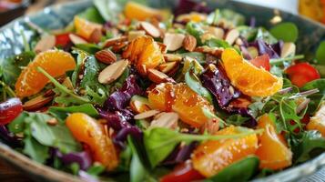 ai generado un vibrante ensalada con mezclado verduras, mandarín naranjas, Almendras, y un agrios Vinagreta foto