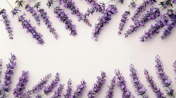 ai generado un sereno diseño con un pocos lavanda floraciones a el parte superior foto