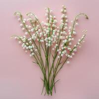 AI generated A beautiful bouquet of White lilies of the valley lies on the left on a pink minimalistic pastel background photo