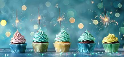 AI generated five colorful cupcakes are standing with sparklers photo