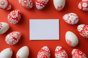 AI generated white empty card placed in a circle of red and white ceramic eggs photo