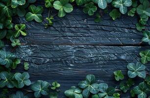 AI generated green shamrock leaves on black wooden background photo