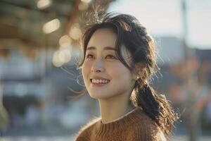 AI generated Delighted young Asian woman with a carefree ponytail and cozy sweater, basking in golden sunlight photo