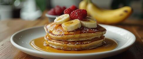 AI generated banana pancakes in front of white cup photo