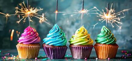 AI generated five colorful cupcakes are standing with sparklers photo