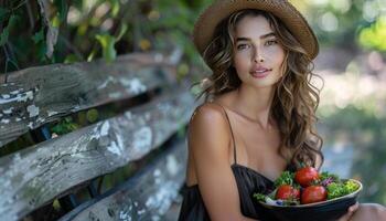 AI generated woman sitting at the bench with bowl of salad in her hands photo