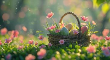 ai generado Pascua de Resurrección cesta en césped con huevos foto