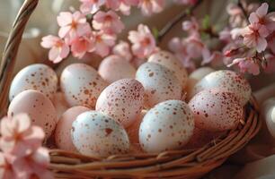 AI generated Basket Filled With Gold Eggs on Table photo