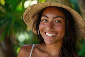 AI generated Sun-kissed woman with a straw hat, smiling on a tropical background photo