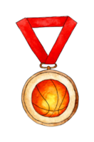 acuarela ilustración medalla premio baloncesto. oro medalla con un naranja pelota, en un rojo cinta. trofeo, premio, victoria, competencia, deporte, campeonato. aislado png