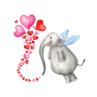 Watercolor illustration of a happy elephant with wings and hearts being poured from its trunk. Love concept in cartoon style. Valentine's day, wedding. Isolated png