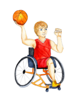 Aquarell Illustration von ein Backetball Rollstuhl paralympisch Sport. das Zahl von ein deaktiviert Person im ein Rollstuhl mit ein Ball im seine Hand. aktiv Personen. das Mann. Behinderung und Sozial Politik. png