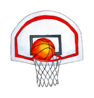 Watercolor illustration of throwing a basketball basket. Sketch. A net with a red hoop and a falling ball inward. Basketball score. Ball game. Isolated png