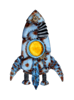 Children's watercolor illustration of a space rocket. An old spaceship of blue color, with rust, made of scrap materials, apocalypse, conquest of space. Isolated. Drawn by hand. png